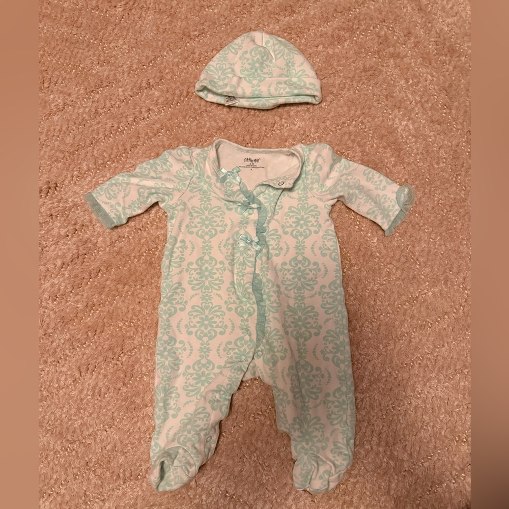 Little Me Mint Green Patterned Footie and Hat Set